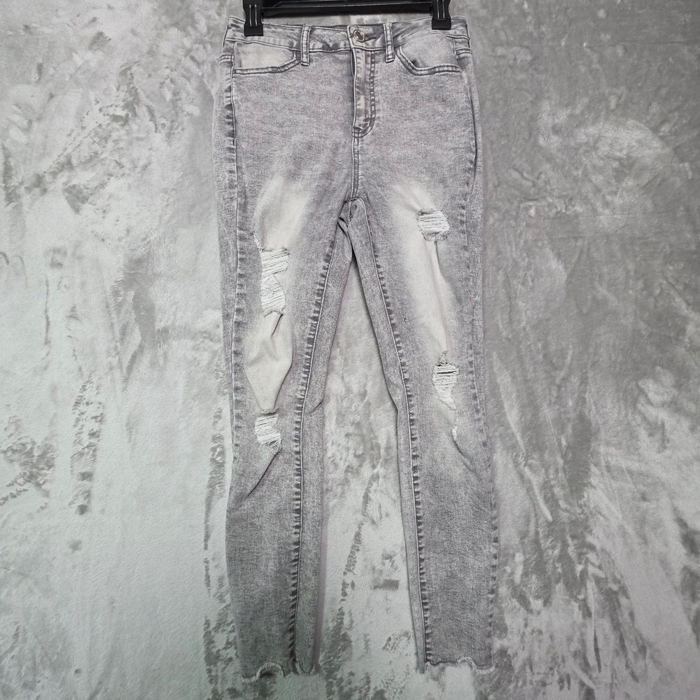 SO High Rise Jegging Gray Distressed Acid Wash Jeans Size 5 27W Frayed Hem